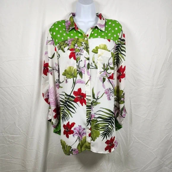 Fig &‎ Flower Tropical Floral Print Polka Dot Button Up Shirt Tunic Blouse 2X - Picture 4 of 9